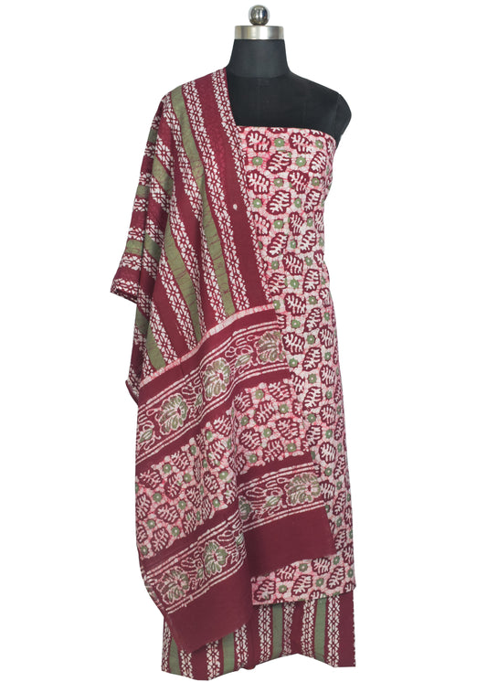 Wax Batik Cotton Three Colour Full Printed Hand Block Print Dress Material with 44 Inch wide Dupatta - 2.5 Mt Top - SKU : RA0540AY
