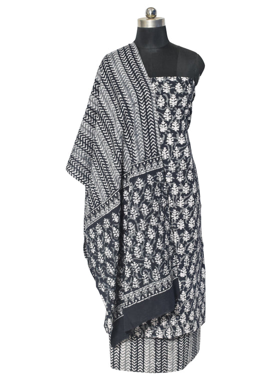 Wax Batik Cotton Three Colour Full Printed Hand Block Print Dress Material with 44 Inch wide Dupatta - 2.5 Mt Top - SKU : RA05401N