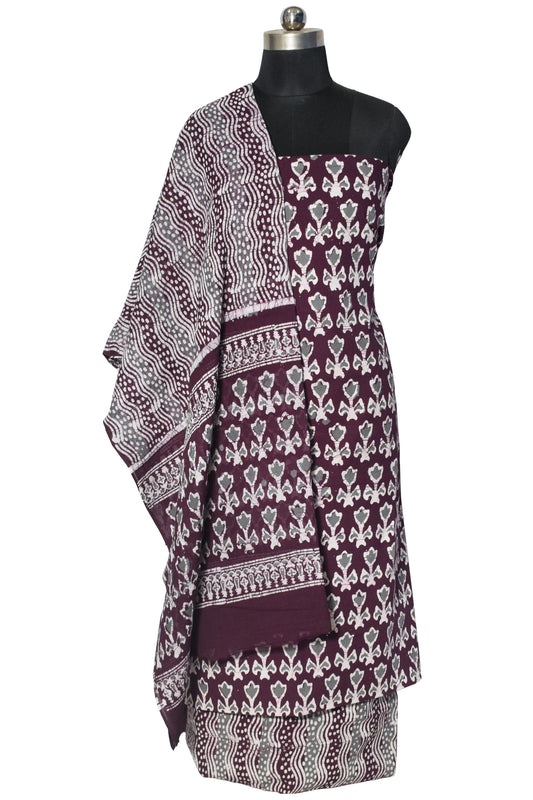 Wax Batik Cotton Three Colour Full Printed Hand Block Print Dress Material with 44 Inch wide Dupatta - 2.5 Mt Top - SKU : RA05401Y