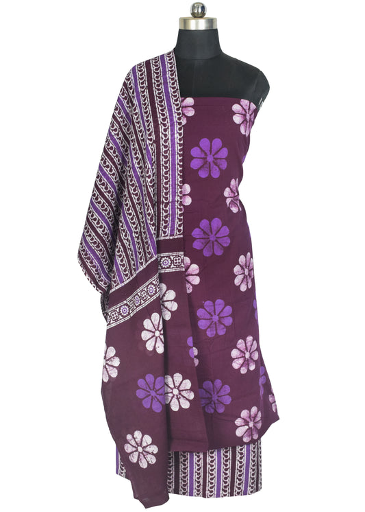 Wax Batik Cotton Three Colour Full Printed Hand Block Print Dress Material with 44 Inch wide Dupatta - 2.5 Mt Top - SKU : RA05401D