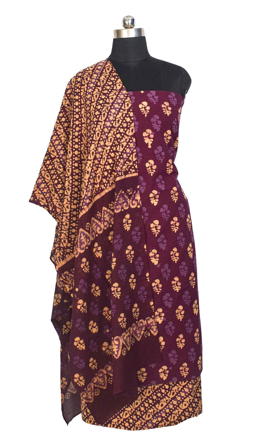 Wax Batik Cotton Three Colour Full Printed ( 3 Kam ) Hand Block Print Dress Material with 44 Inch wide Dupatta - 2.5 Mt Top - SKU : RA05401F