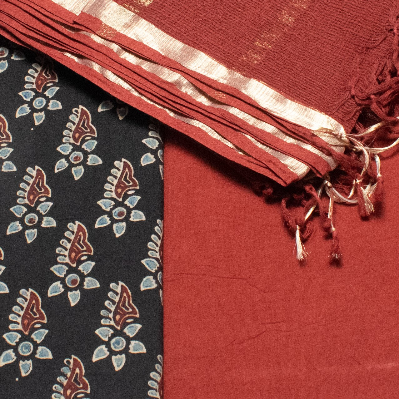 Ajrakh Cotton Natural Dye Hand Block Print Dress Material with Plain Bottom and Kota Doria Dupatta with Tassels - 2.5 Mt Top - SKU : AK08401D