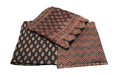 Ajrakh Modal Silk Natural Dye Hand Block Print Dress Material with Jari Border Dupatta     -  SKU : ID16401I