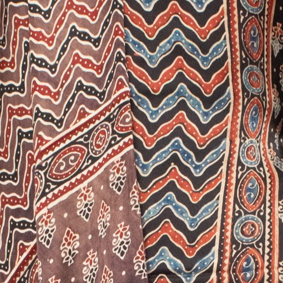 Ajrakh Modal Silk Natural Dye Hand Block Print Dress Material with Jari Border Dupatta     -  SKU : ID16401I