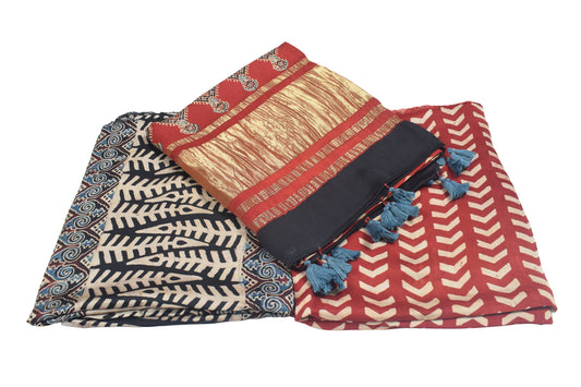 Ajrakh Modal Silk Natural Dye Hand Block Print Dress Material with Golden Border Dupatta - with Tassels - 2.5 Mt Top - SKU : AI02501E