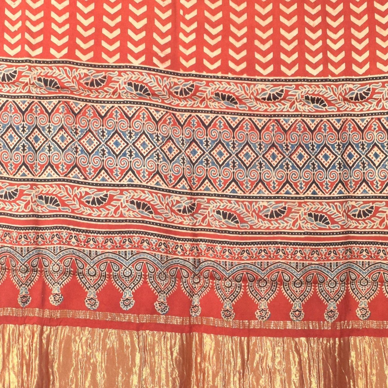 Ajrakh Modal Silk Natural Dye Hand Block Print Dress Material with Golden Border Dupatta - with Tassels - 2.5 Mt Top - SKU : AI02501E