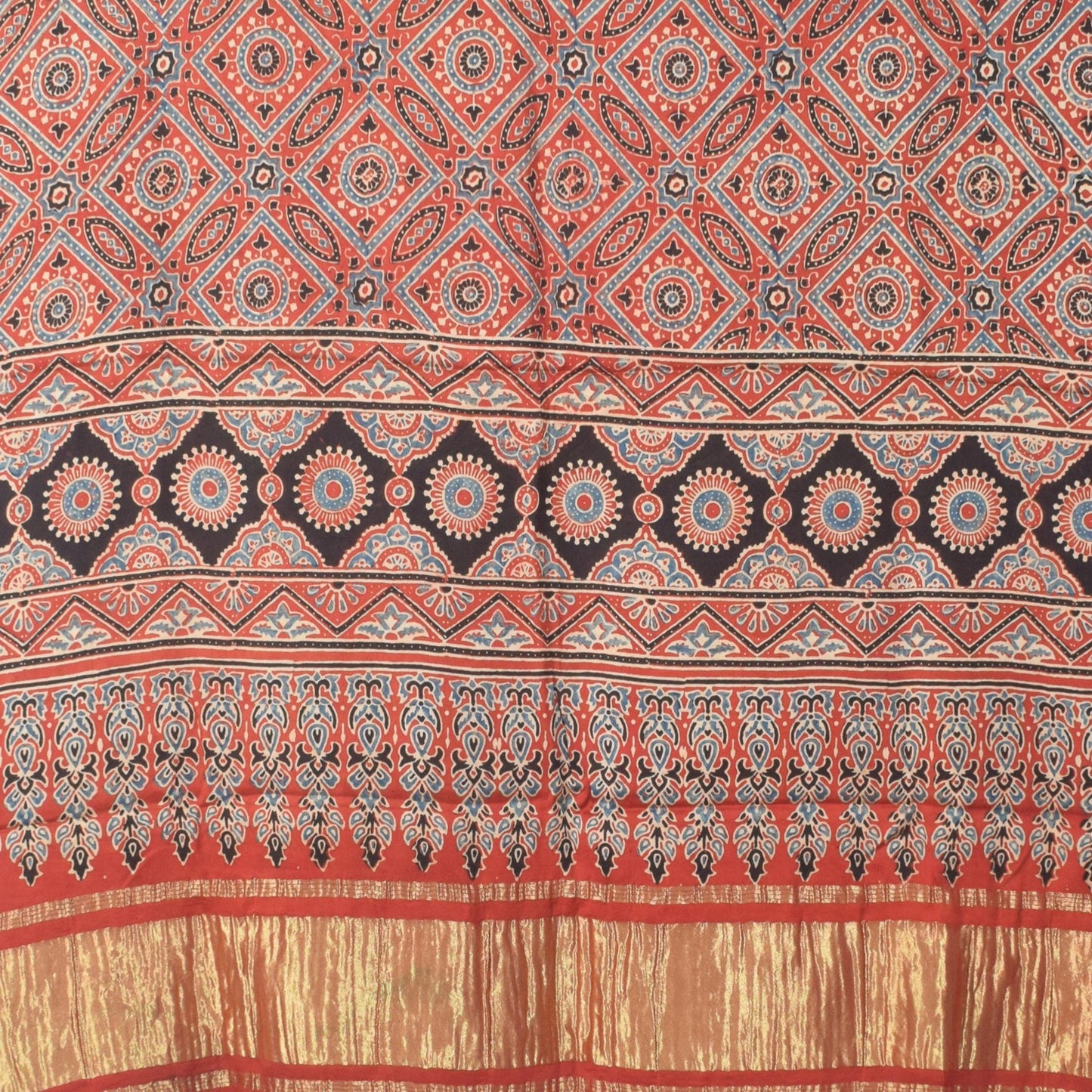 Ajrakh Modal Silk Natural Dye Hand Block Print Dress Material with Golden Border Dupatta - with Tassels - 2.5 Mt Top - SKU : AI02501J