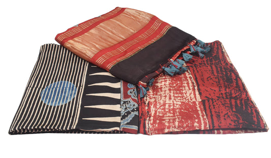 Ajrakh Modal Silk Natural Dye Hand Block Print Dress Material with Golden Border Dupatta - with Tassels - 2.5 Mt Top - SKU : AI27A03A