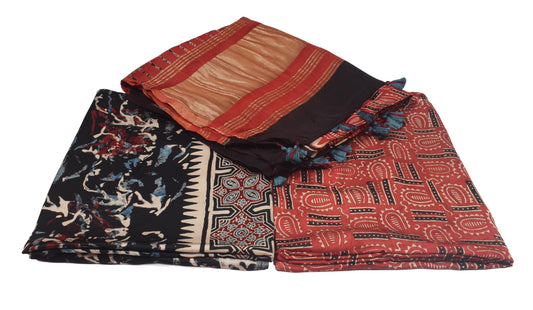 Ajrakh Modal Silk Natural Dye Hand Block Print Dress Material with Golden Border Dupatta - with Tassels - 2.5 Mt Top - SKU : AI27A03M