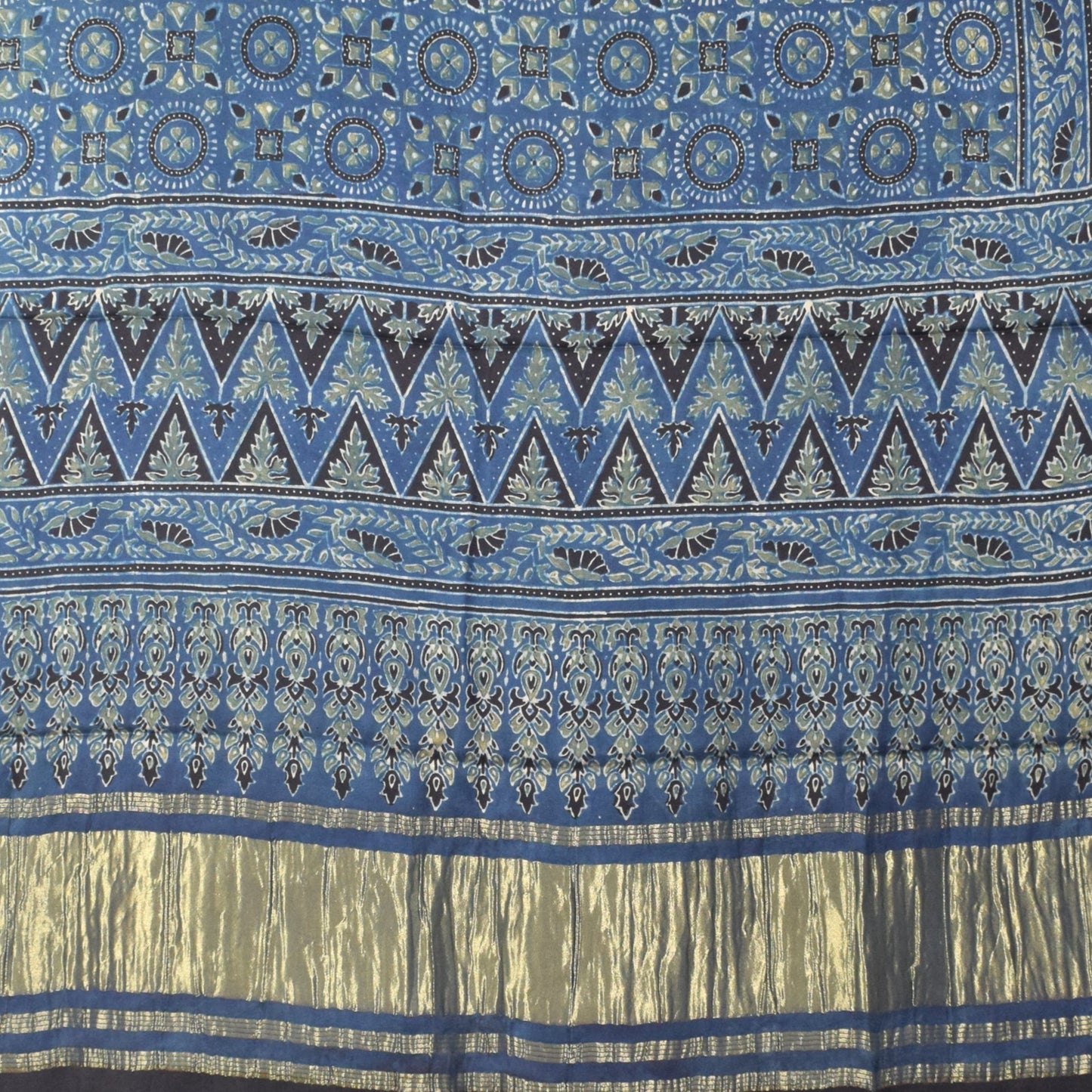 Ajrakh Modal Silk Natural Dye Hand Block Print Dress Material with Golden Border Dupatta - with Tassels - 2.5 Mt Top - SKU : AI02501H