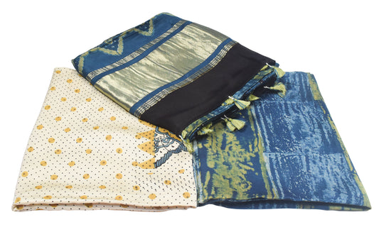 Ajrakh Modal Silk Natural Dye Hand Block Print Dress Material with Golden Border Dupatta - with Tassels - 2.5 Mt Top - SKU : AI27A03K