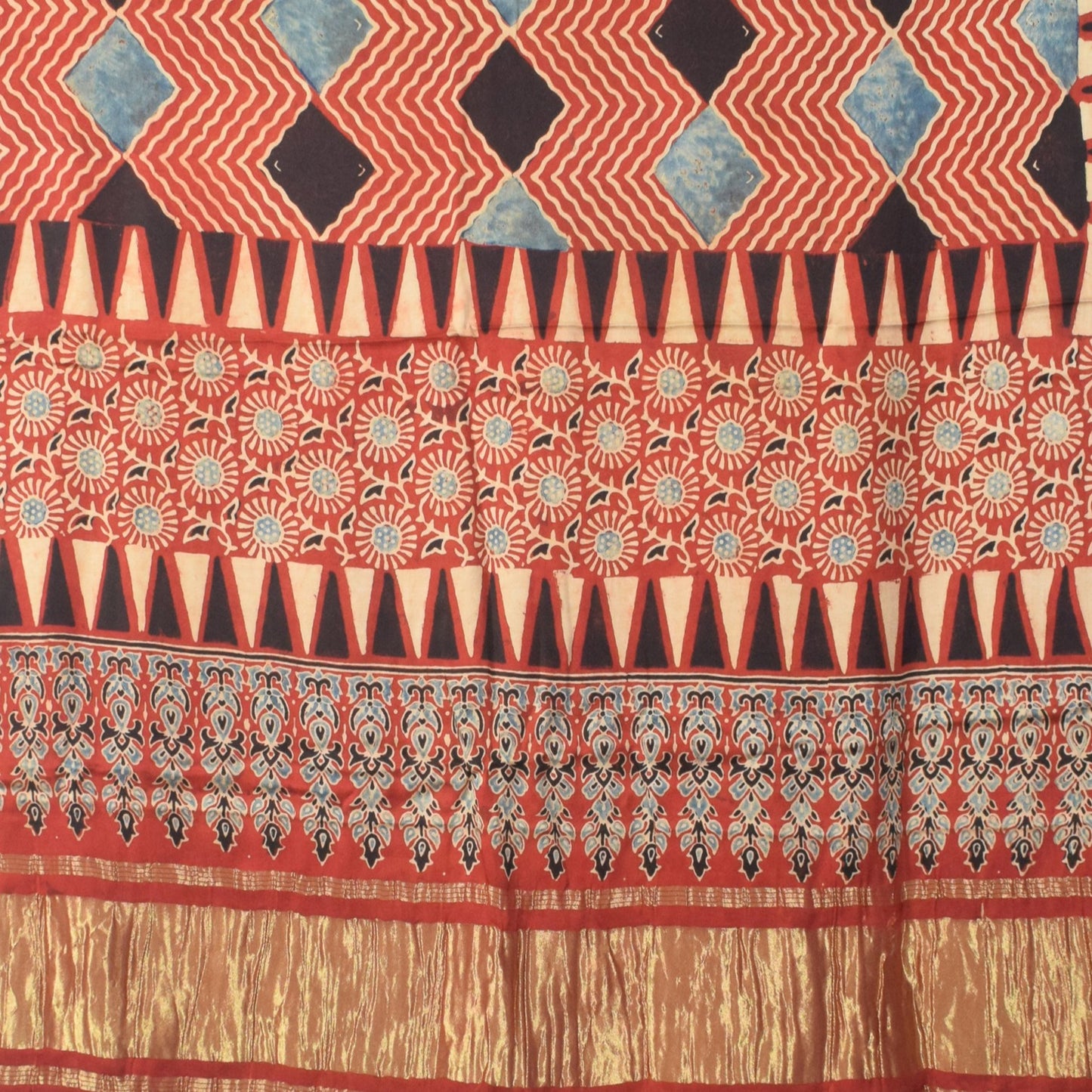 Ajrakh Modal Silk Natural Dye Hand Block Print Dress Material with Golden Border Dupatta - with Tassels - 2.5 Mt Top - SKU : AI02501F