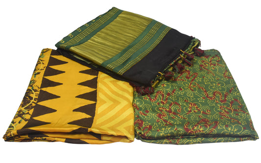 Ajrakh Modal Silk Natural Dye Hand Block Print Dress Material with Golden Border Dupatta - with Tassels - 2.5 Mt Top - SKU : AI27A03H