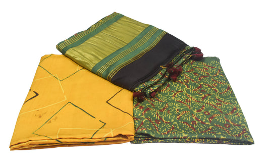 Ajrakh Modal Silk Natural Dye Hand Block Print Dress Material with Golden Border Dupatta - with Tassels - 2.5 Mt Top - SKU : AI27A03L