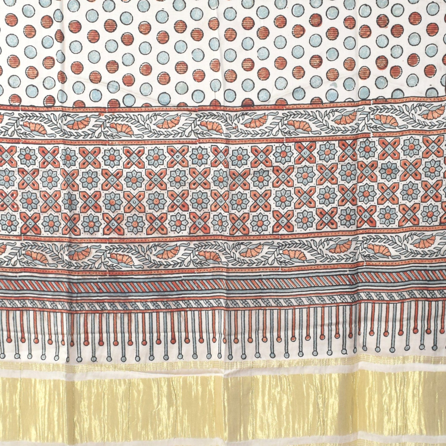 Ajrakh Modal Silk Natural Dye Hand Block Print Dress Material with Golden Border Dupatta - with Tassels - 2.5 Mt Top - SKU : AI02501L