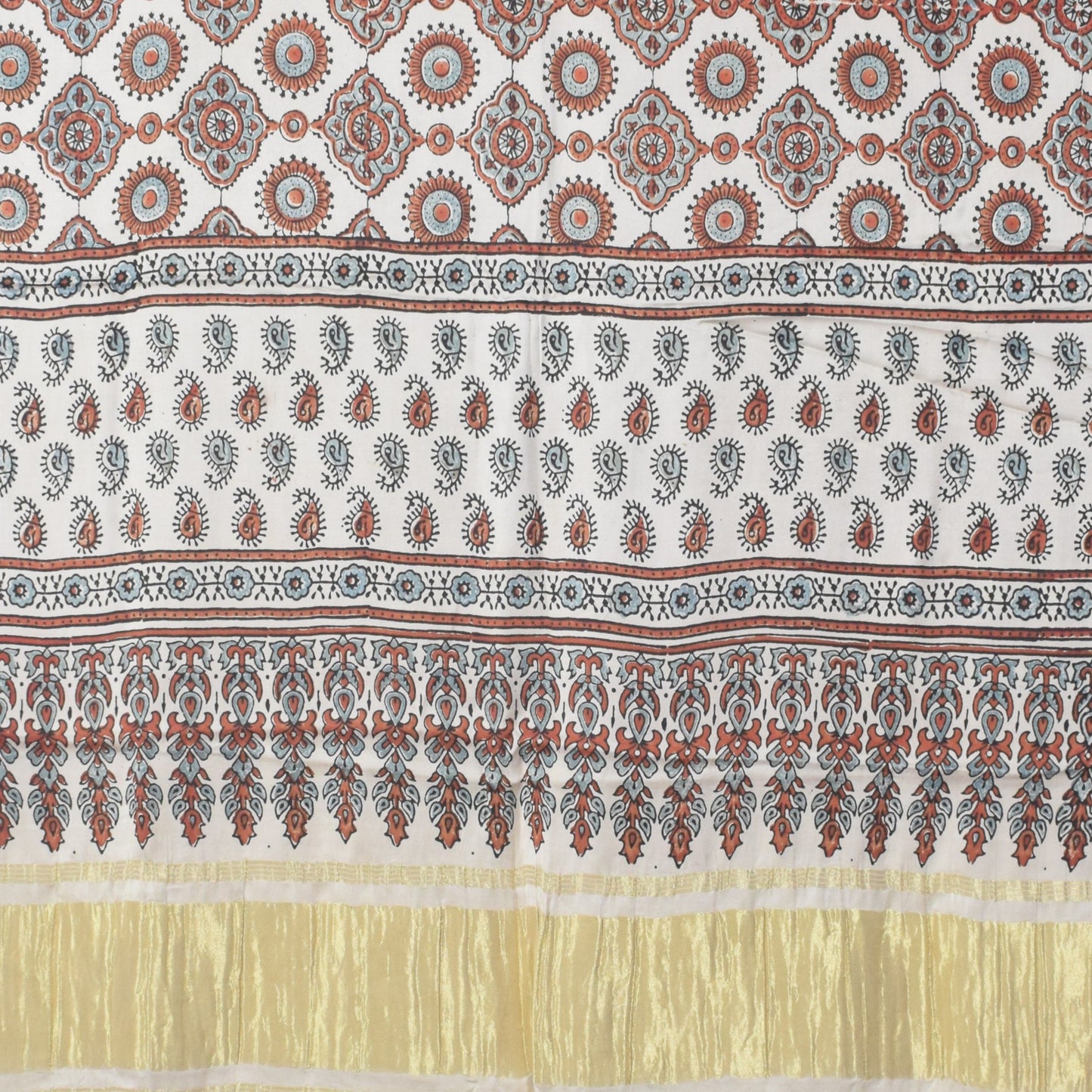 Ajrakh Modal Silk Natural Dye Hand Block Print Dress Material with Golden Border Dupatta - with Tassels - 2.5 Mt Top - SKU : AI02501Q