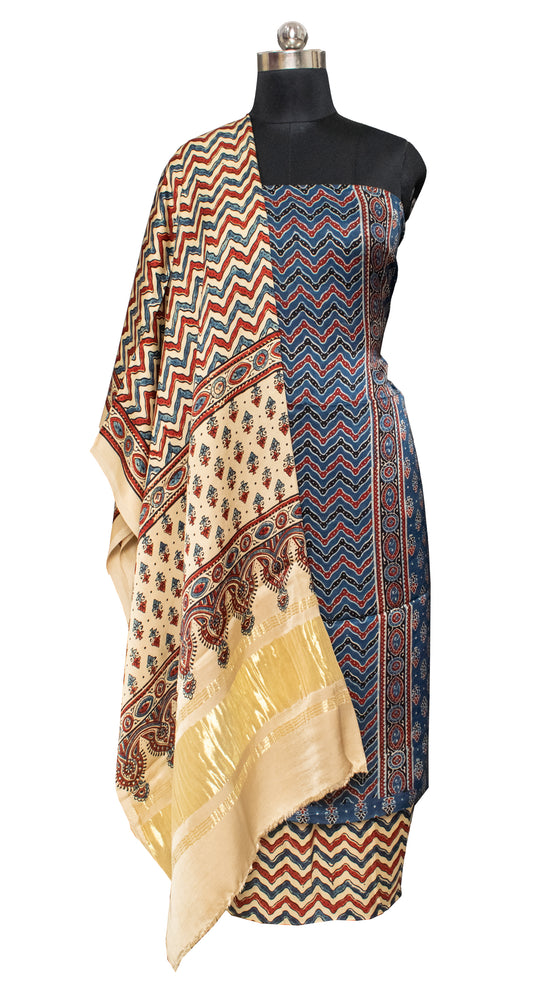 Ajrakh Modal Silk Natural Dye Hand Block Print Dress Material with Jari Border Dupatta     -  SKU : ID16401H