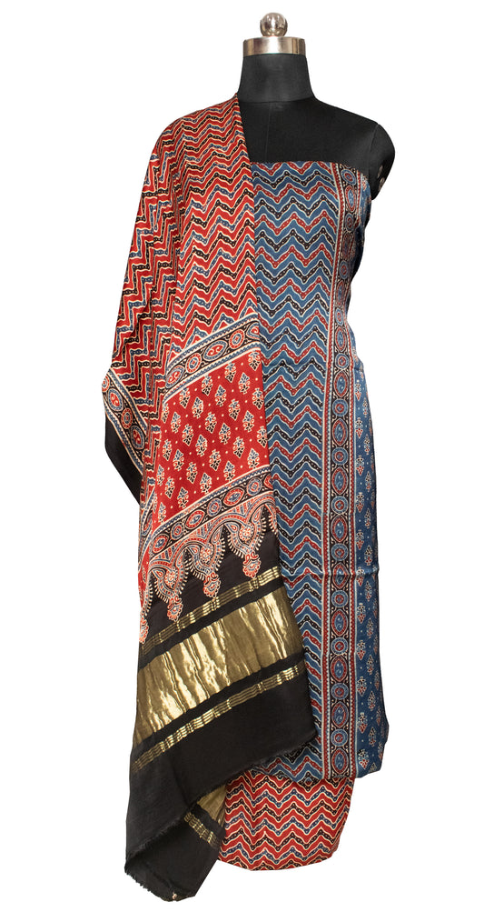 Ajrakh Modal Silk Natural Dye Hand Block Print Dress Material with Jari Border Dupatta     -  SKU : ID16401F