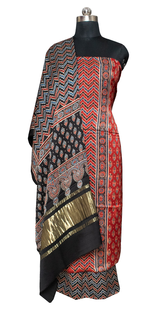 Ajrakh Modal Silk Natural Dye Hand Block Print Dress Material with Jari Border Dupatta     -  SKU : ID16401B