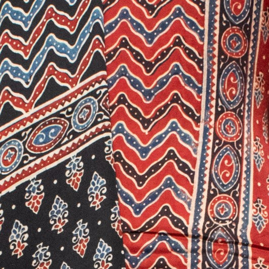 Ajrakh Modal Silk Natural Dye Hand Block Print Dress Material with Jari Border Dupatta     -  SKU : ID16401B