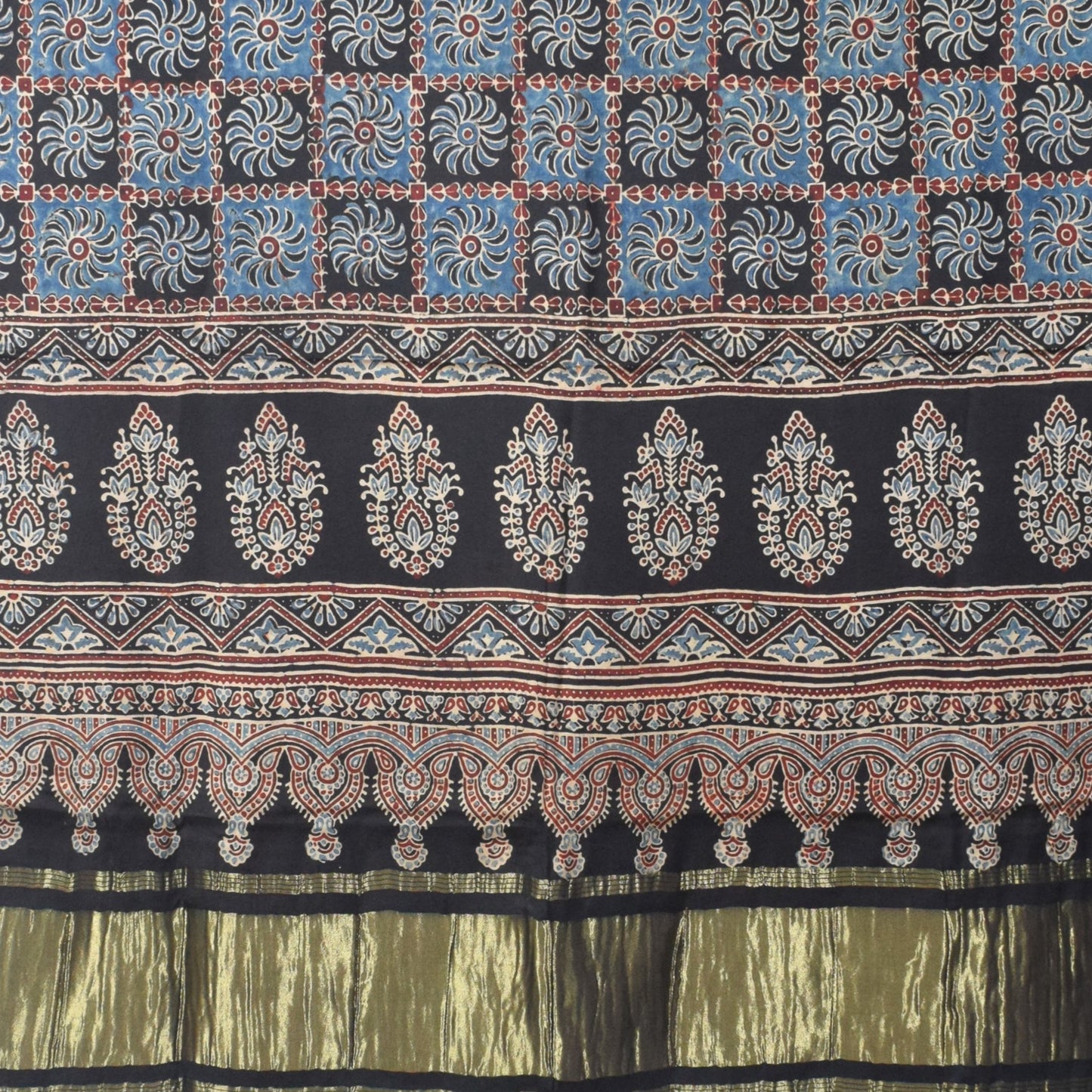 Ajrakh Modal Silk Natural Dye Hand Block Print Dress Material with Golden Border Dupatta - with Tassels - 2.5 Mt Top - SKU : AI02501I