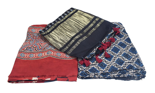 Ajrakh Modal Silk Natural Dye Hand Block Print Dress Material with Golden Border Dupatta - with Tassels - 2.5 Mt Top - SKU : AI02501N