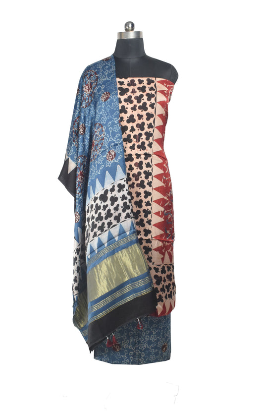 Ajrakh Modal Silk Natural Dye Hand Block Print Dress Material with Golden Border Dupatta - with Tassels - 2.5 Mt Top - SKU : AI27A03B