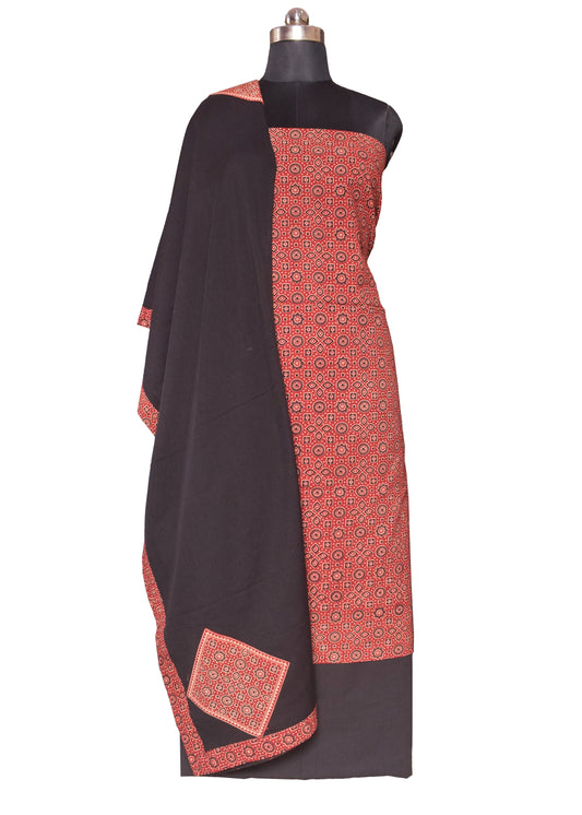 Ajrakh Cotton Natural Dye Screen Print Hand Printed Dress Material  with Applique Work Dupatta  - 2.5  Mt Top    -  SKU : RM13902D