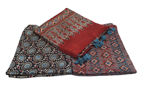 Ajrakh Modal Silk Natural Dye Hand Block Print Dress Material with Full Ajrakh Heavy Dupatta - with Tassels - 2.5 Mt Top - SKU : AI02502G
