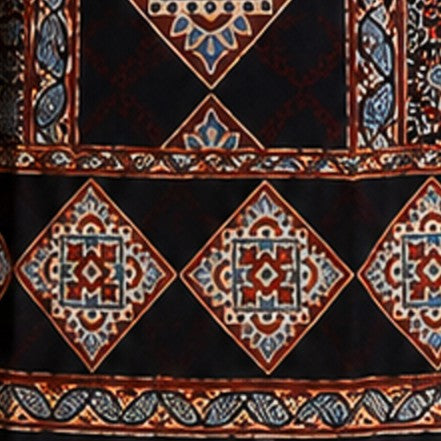 Ajrakh Modal Silk Natural Dye Hand Block Print Dress Material with Full Ajrakh Heavy Dupatta - with Tassels - 2.5 Mt Top - SKU : AI02502G