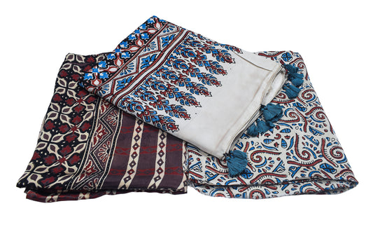 Ajrakh Modal Silk Natural Dye Hand Block Print Dress Material with Full Ajrakh Heavy Dupatta - with Tassels - 2.5 Mt Top - SKU : AI02502A