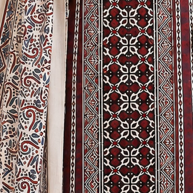 Ajrakh Modal Silk Natural Dye Hand Block Print Dress Material with Full Ajrakh Heavy Dupatta - with Tassels - 2.5 Mt Top - SKU : AI02502E