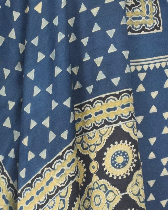 Ajrakh Modal Silk Natural Dye Hand Block Print Dress Material with Full Ajrakh Heavy Dupatta - with Tassels - 2.5 Mt Top - SKU : AI1730AP