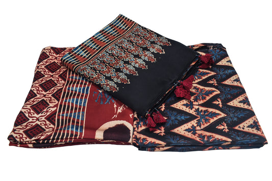 Ajrakh Modal Silk Natural Dye Hand Block Print Dress Material with Full Ajrakh Heavy Dupatta - with Tassels - 2.5 Mt Top - SKU : AI02502H