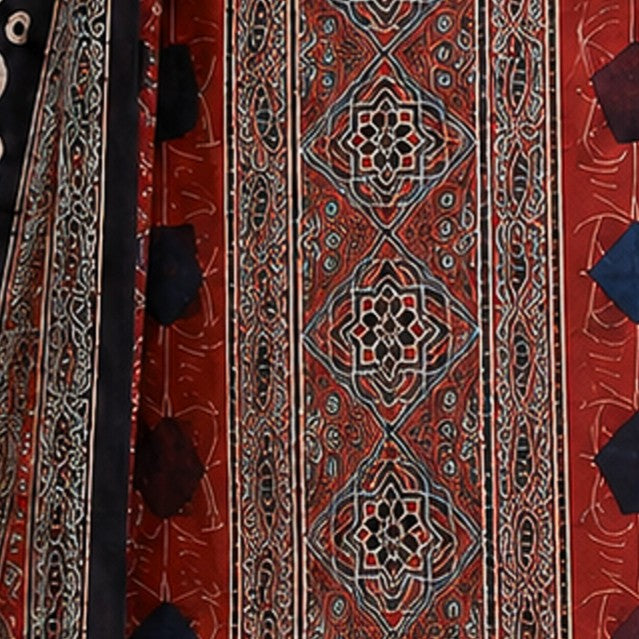 Ajrakh Modal Silk Natural Dye Hand Block Print Dress Material with Full Ajrakh Heavy Dupatta - with Tassels - 2.5 Mt Top - SKU : AI02502R