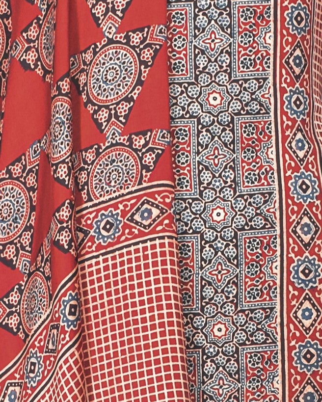 Ajrakh Modal Silk Natural Dye Hand Block Print Dress Material with Full Ajrakh Heavy Dupatta - with Tassels - 2.5 Mt Top - SKU : AI17301Q