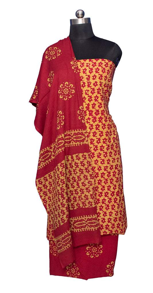 Wax Batik Cotton Two Colour Print Hand Block Print Dress Material with 36 Inch wide Dupatta - 2.4 Mt Top - SKU : FJ01701O