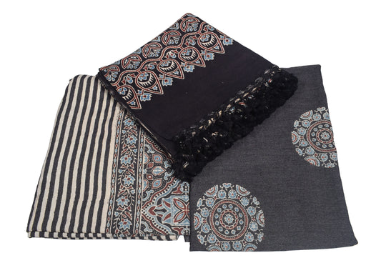 Ajrakh Fine Cotton Natural Dye Hand Woven Hand Block Print Dress Material with Tassels - 2.5 Mt Top - SKU : DB13701B