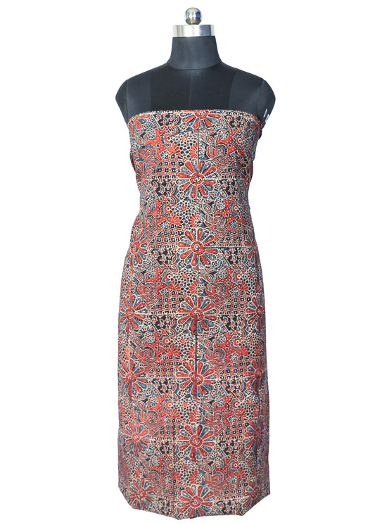 Ajrakh Cotton Natural Dye Hand Block Print Unstitched Kurta Fabric 3.0 Mtr Length - SKU : AI24202I