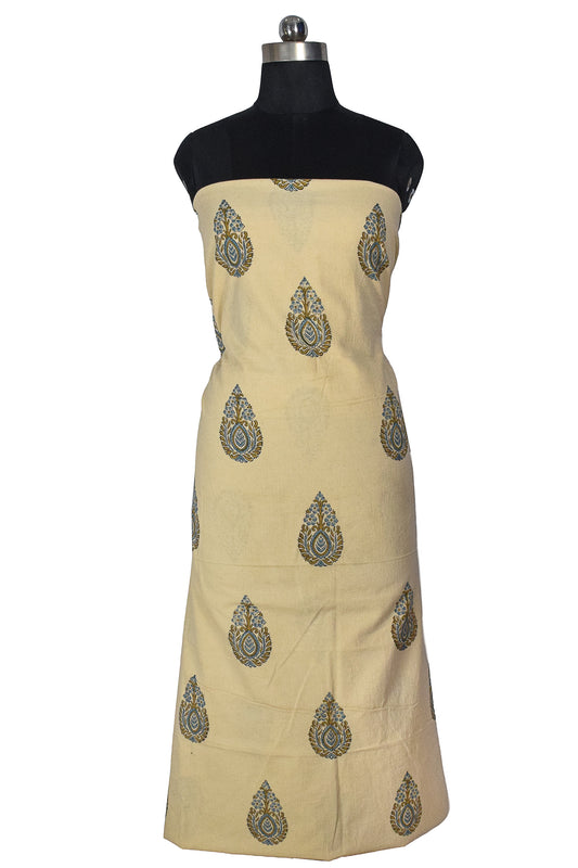 Ajrakh Cotton Natural Dye Hand Block Print Unstitched Kurta Fabric Mtr Length 3 Mtr Length - SKU : RM10301A