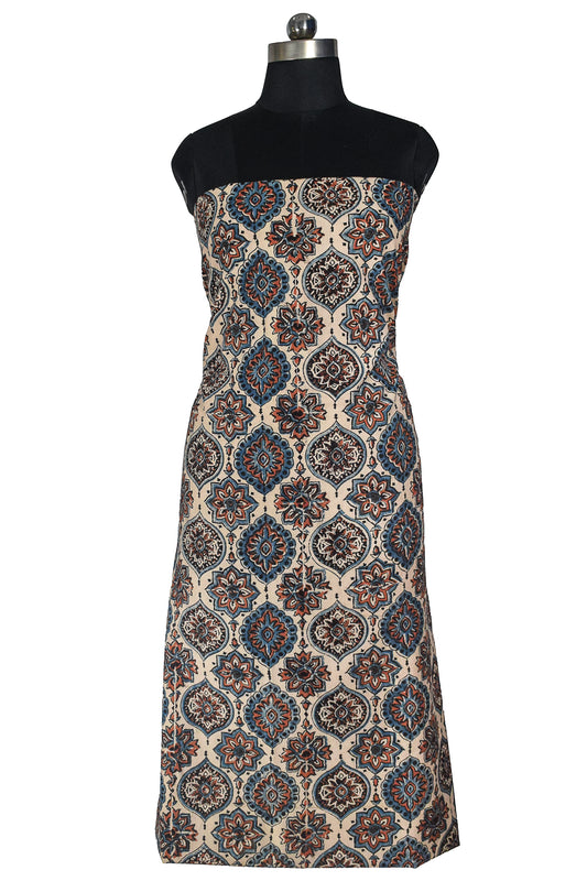 Ajrakh Cotton Natural Dye Hand Block Print Unstitched Kurta Fabric Mtr Length 3 Mtr Length - SKU : RM10301M