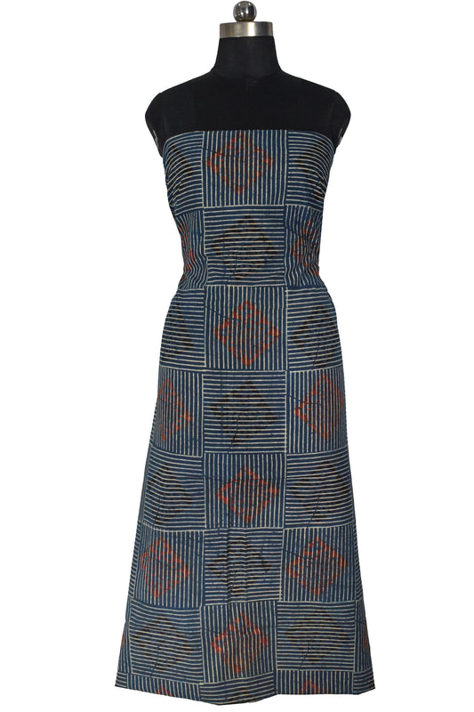 Ajrakh Cotton Natural Dye Hand Block Print Unstitched Kurta Fabric Mtr Length 3 Mtr Length - SKU : AI11303C