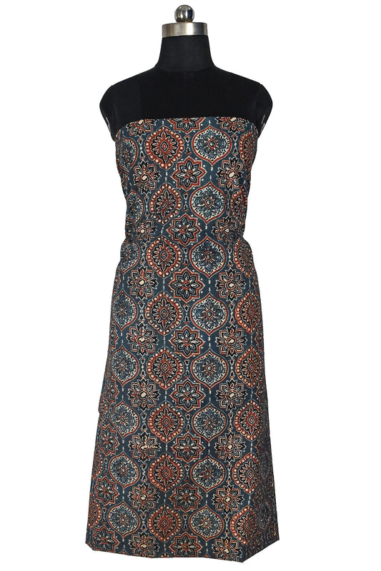 Ajrakh Cotton Natural Dye Hand Block Print Unstitched Kurta Fabric Mtr Length 3 Mtr Length - SKU : RM10301N