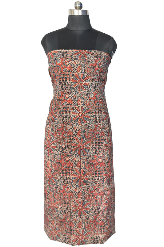 Ajrakh Cotton Natural Dye Hand Block Print Unstitched Kurta Fabric 3.0 Mtr Length - SKU : AI24202J