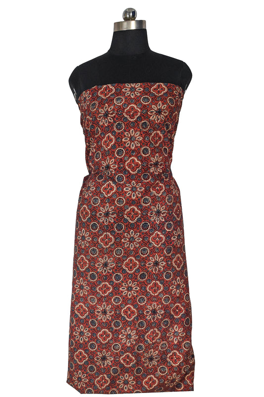 Ajrakh Cotton Natural Dye Hand Block Print Unstitched Kurta Fabric Mtr Length 3 Mtr Length - SKU : RM10301C