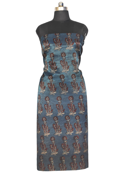 Ajrakh Mashru Silk Natural Dye Hand Block Print Unstitched Kurta Fabric Mtr Length Mtr Length - SKU : HM07C02A