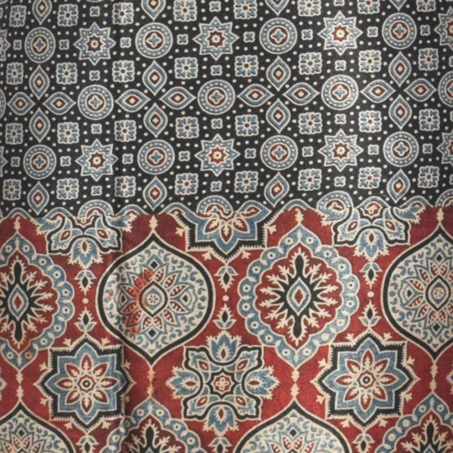 Ajrakh Mashru Silk Natural Dye Screen Print Hand Printed Unstitched Kurta Fabric 3.00 Mtr Length - SKU : AI11801M