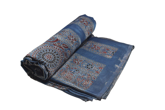 Ajrakh Mashru Silk Natural Dye Screen Print Hand Printed Unstitched Kurta Fabric 3.00 Mtr Length - SKU : AI29402B