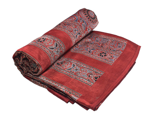 Ajrakh Mashru Silk Natural Dye Screen Print Hand Printed Unstitched Kurta Fabric 2.50 Mtr Length - SKU : AI29401A