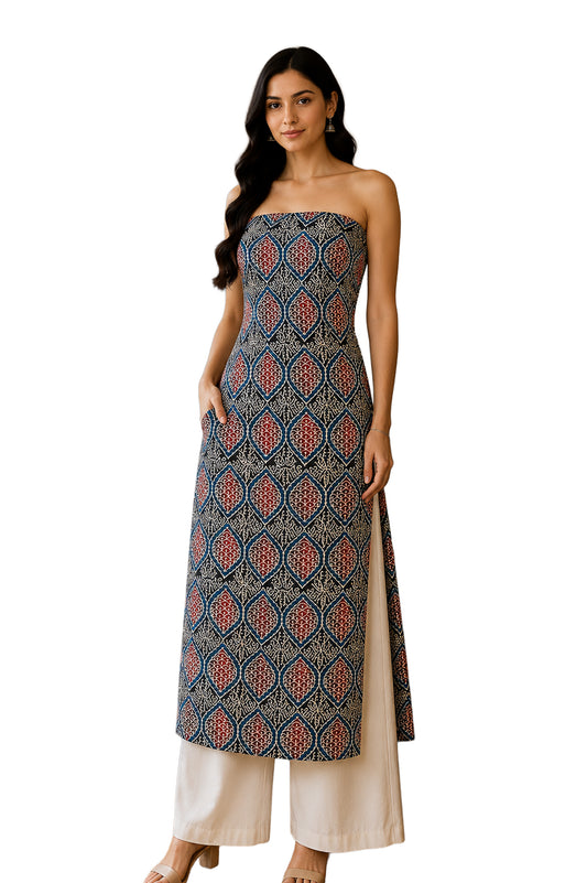 Ajrakh Modal Silk Natural Dye Hand Block Print Unstitched Kurta Fabric 2.5 Mtr Length - SKU : AI22501K